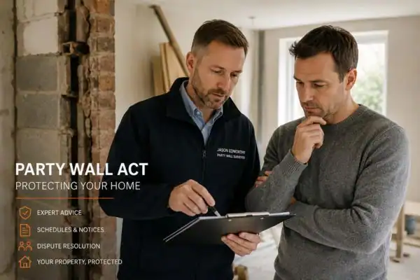 Party wall surveyor Flitwick discussing extension plans with homeowner outside a UK semi-detached house.